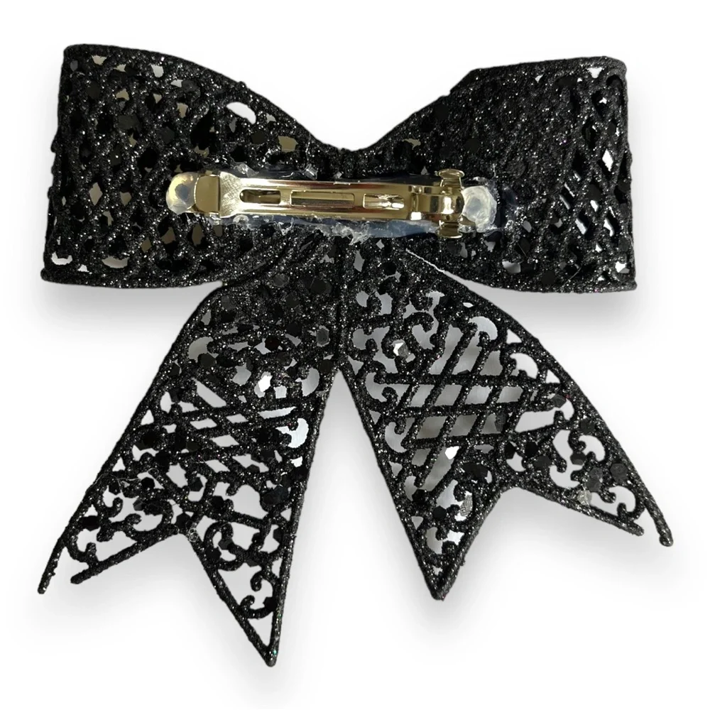 Spooky Halloween Hair Bow Barrette Black Glitter and Skeleton Skull Hair Clip